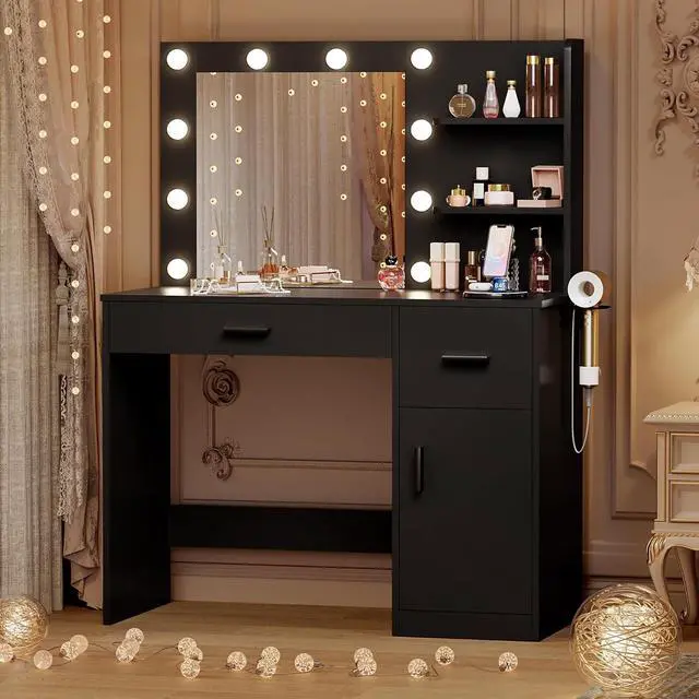 Alt view image 2 of 7 - 35.4" Vanity Desk with Mirror and Lights - LED Makeup Vanity Table with Charging Station, 3 Color Adjustable Lights, 3 Drawers & Large Cabinet with Shelves for Bedroom Dressing Room (Black)