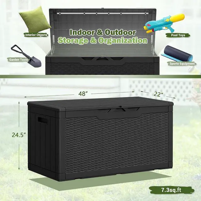 Alt view image 7 of 7 - 100 Gallon Deck Box Large Resin Waterproof Outdoor Storage Box with Padlock and Built-in Handles Storage Container for Cushions, Toys and Garden Tools (Black)