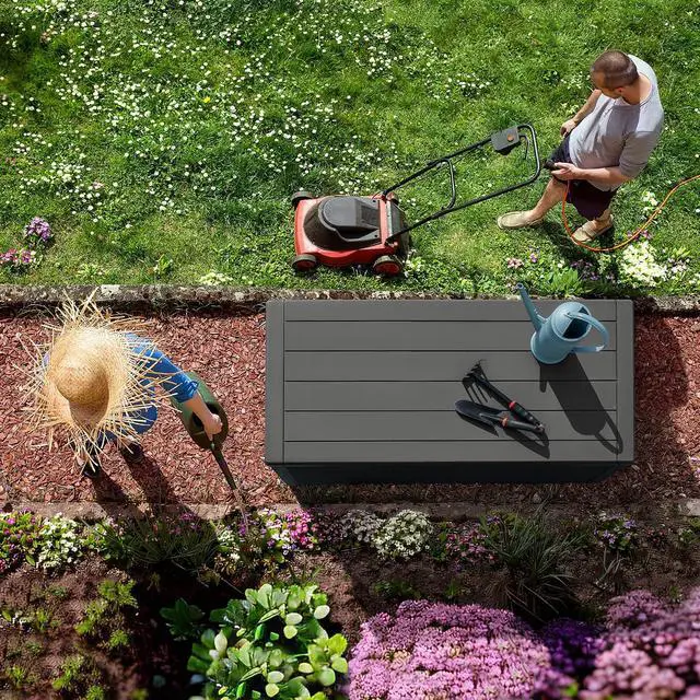 Alt view image 6 of 7 - 100 Gallon Deck Box Large Resin Waterproof Outdoor Storage Box with Padlock and Built-in Handles Storage Container for Cushions, Toys and Garden Tools (Black)