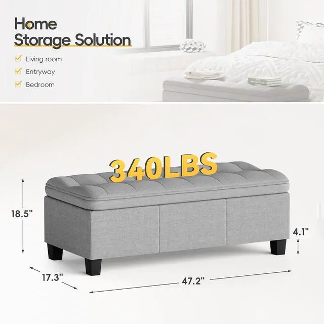 Alt view image 2 of 7 - 47 Inches Storage Ottoman with Legs, End of Bed Storage Bench, Foot Rest for Couch, for Living Room, Bedroom, Entryway, 17.3" D x 47.2" W x 18.5" H, Easy Assembly (Light Gray)
