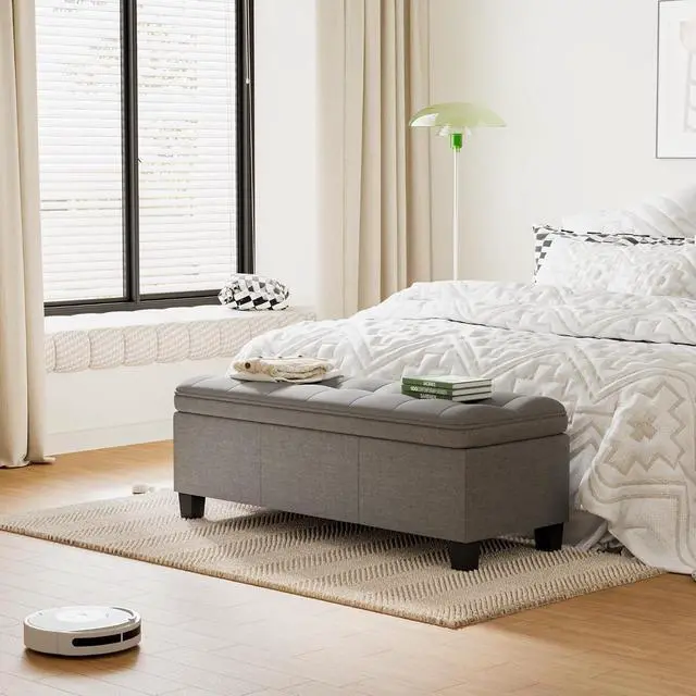 Alt view image 3 of 7 - 47 Inches Storage Ottoman with Legs, End of Bed Storage Bench, Foot Rest for Couch, for Living Room, Bedroom, Entryway, 17.3" D x 47.2" W x 18.5" H, Easy Assembly (Light Gray)
