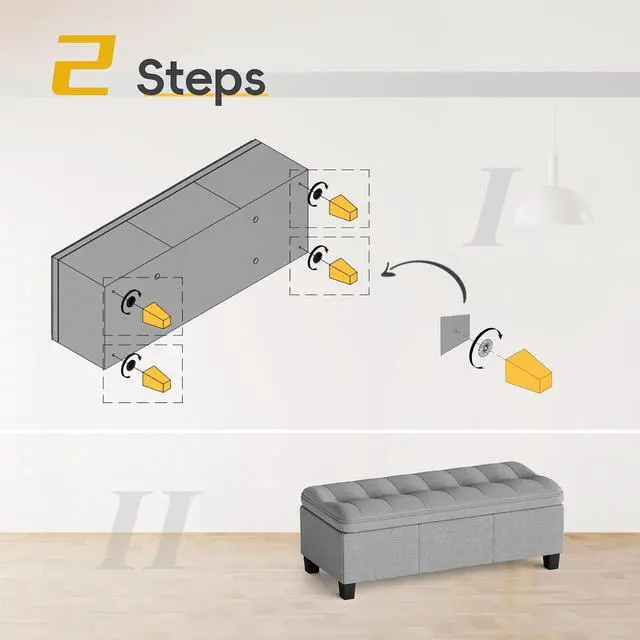 Alt view image 5 of 7 - 47 Inches Storage Ottoman with Legs, End of Bed Storage Bench, Foot Rest for Couch, for Living Room, Bedroom, Entryway, 17.3" D x 47.2" W x 18.5" H, Easy Assembly (Light Gray)