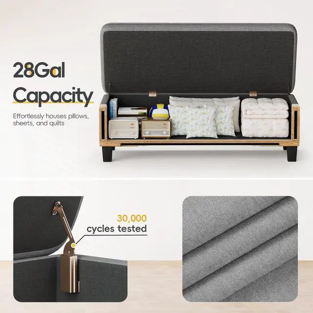 Alt view image 4 of 7 - 47 Inches Storage Ottoman with Legs, End of Bed Storage Bench, Foot Rest for Couch, for Living Room, Bedroom, Entryway, 17.3" D x 47.2" W x 18.5" H, Easy Assembly (Light Gray)