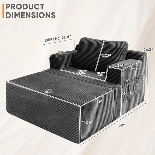 Alt view image 2 of 7 - Oversized Chaise Lounge Chair, Cloud Couch with Fluffy Upholstered, Deep Seat Sleeper Sofa Bed with Two Cup Holders, Comfy Boneless Couch No Assembly Required for Living Room, Apartment (Black)