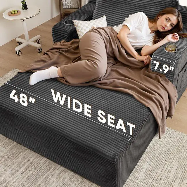 Alt view image 4 of 7 - Oversized Chaise Lounge Chair, Cloud Couch with Fluffy Upholstered, Deep Seat Sleeper Sofa Bed with Two Cup Holders, Comfy Boneless Couch No Assembly Required for Living Room, Apartment (Black)