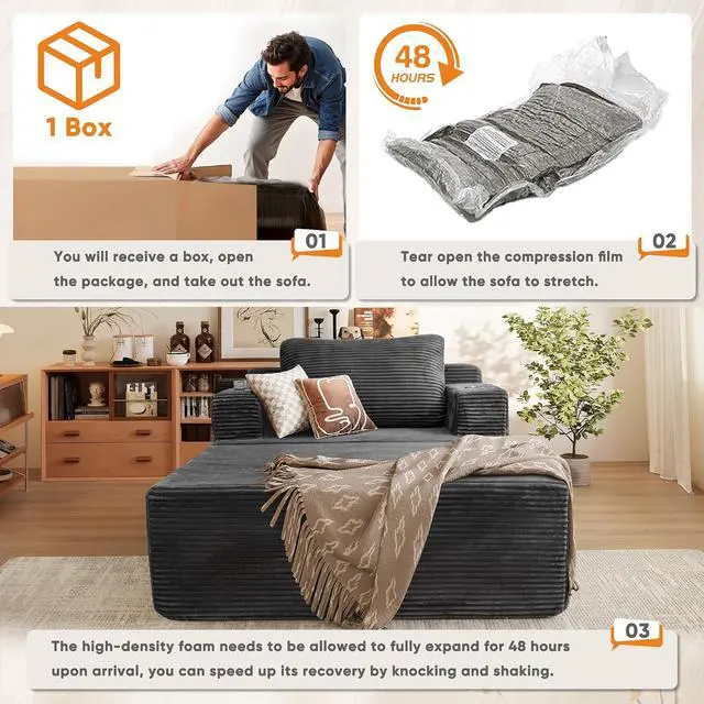 Alt view image 6 of 7 - Oversized Chaise Lounge Chair, Cloud Couch with Fluffy Upholstered, Deep Seat Sleeper Sofa Bed with Two Cup Holders, Comfy Boneless Couch No Assembly Required for Living Room, Apartment (Black)