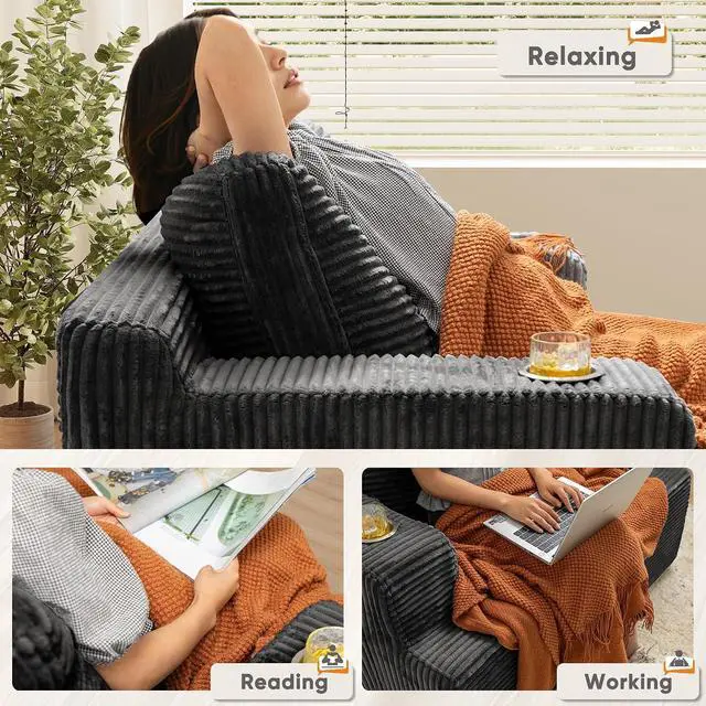 Alt view image 7 of 7 - Oversized Chaise Lounge Chair, Cloud Couch with Fluffy Upholstered, Deep Seat Sleeper Sofa Bed with Two Cup Holders, Comfy Boneless Couch No Assembly Required for Living Room, Apartment (Black)