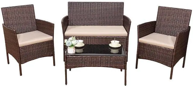 Main image of 4 Pieces Outdoor Patio Furniture Set, PE Rattan Wicker Chairs Balcony Lawn Porch Patio Furniture Sets with Beige Cushion and Table (Brown)