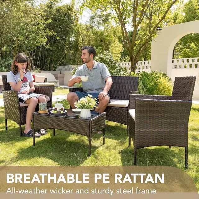 Alt view image 2 of 7 - 4 Pieces Outdoor Patio Furniture Set, PE Rattan Wicker Chairs Balcony Lawn Porch Patio Furniture Sets with Beige Cushion and Table (Brown)