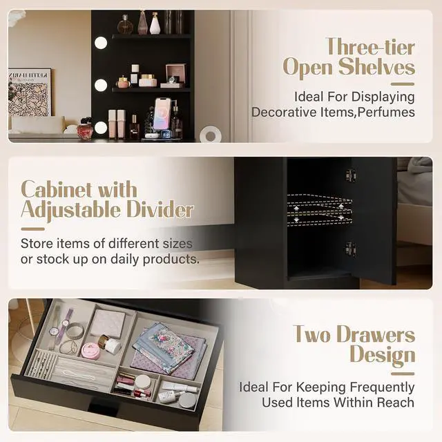 Alt view image 6 of 7 - 35.4" Vanity Desk with Mirror and Lights - LED Makeup Vanity Table with Charging Station, 3 Color Adjustable Lights, 3 Drawers & Large Cabinet with Shelves for Bedroom Dressing Room (Black)