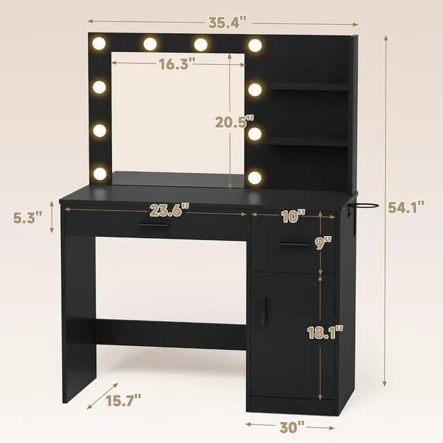 Alt view image 7 of 7 - 35.4" Vanity Desk with Mirror and Lights - LED Makeup Vanity Table with Charging Station, 3 Color Adjustable Lights, 3 Drawers & Large Cabinet with Shelves for Bedroom Dressing Room (Black)