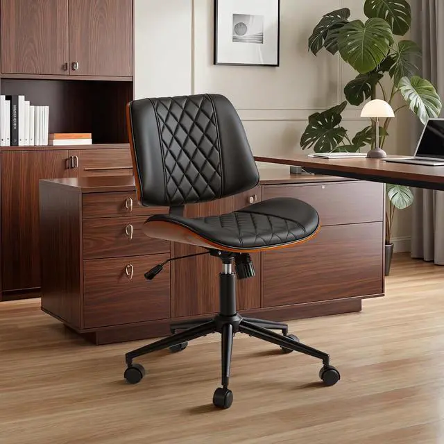 Main image of Armless Office Desk Chair with Wheels, Modern Small Leather Walnut Desk Chair Adjustable Height 360° Swivel No Arms for Home Office, Conference Room, Study (Black)