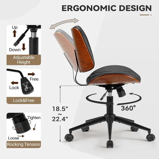 Alt view image 2 of 7 - Armless Office Desk Chair with Wheels, Modern Small Leather Walnut Desk Chair Adjustable Height 360° Swivel No Arms for Home Office, Conference Room, Study (Black)