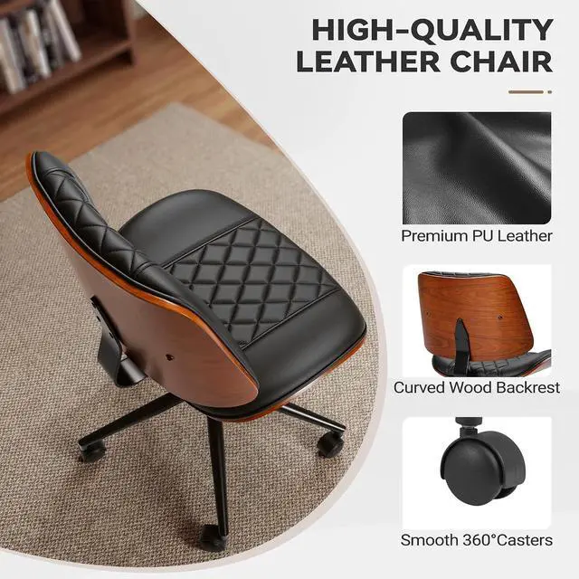 Alt view image 3 of 7 - Armless Office Desk Chair with Wheels, Modern Small Leather Walnut Desk Chair Adjustable Height 360° Swivel No Arms for Home Office, Conference Room, Study (Black)