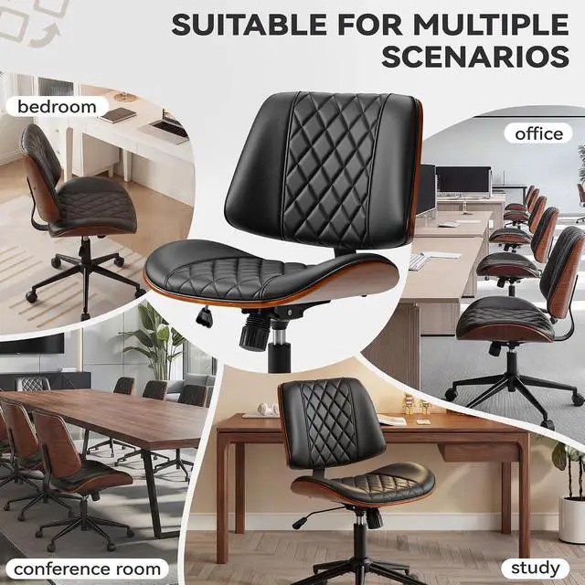 Alt view image 4 of 7 - Armless Office Desk Chair with Wheels, Modern Small Leather Walnut Desk Chair Adjustable Height 360° Swivel No Arms for Home Office, Conference Room, Study (Black)