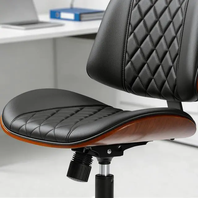 Alt view image 5 of 7 - Armless Office Desk Chair with Wheels, Modern Small Leather Walnut Desk Chair Adjustable Height 360° Swivel No Arms for Home Office, Conference Room, Study (Black)