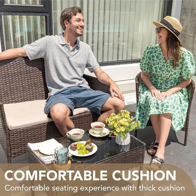 Alt view image 3 of 7 - 4 Pieces Outdoor Patio Furniture Set, PE Rattan Wicker Chairs Balcony Lawn Porch Patio Furniture Sets with Beige Cushion and Table (Brown)