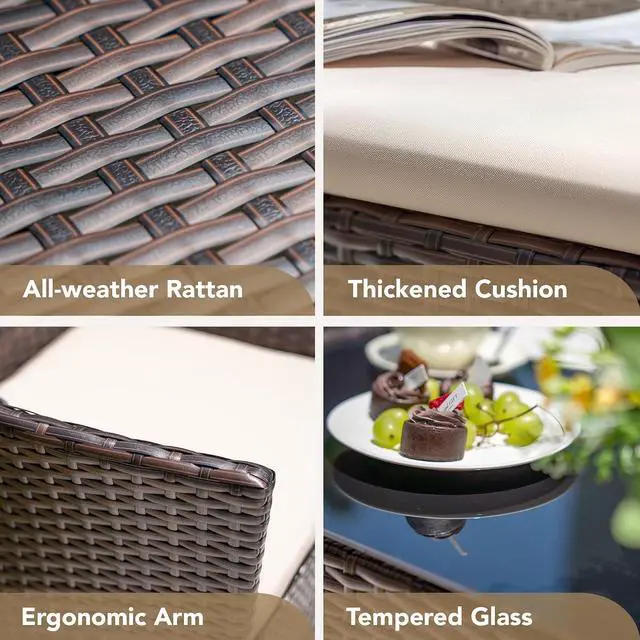 Alt view image 4 of 7 - 4 Pieces Outdoor Patio Furniture Set, PE Rattan Wicker Chairs Balcony Lawn Porch Patio Furniture Sets with Beige Cushion and Table (Brown)
