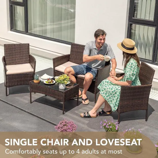 Alt view image 5 of 7 - 4 Pieces Outdoor Patio Furniture Set, PE Rattan Wicker Chairs Balcony Lawn Porch Patio Furniture Sets with Beige Cushion and Table (Brown)