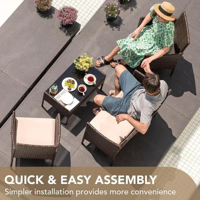 Alt view image 6 of 7 - 4 Pieces Outdoor Patio Furniture Set, PE Rattan Wicker Chairs Balcony Lawn Porch Patio Furniture Sets with Beige Cushion and Table (Brown)