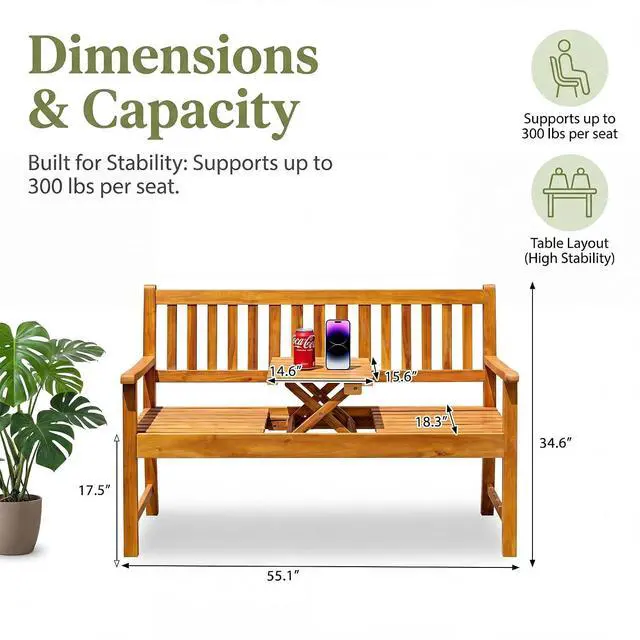 Alt view image 3 of 7 - Outdoor Bench, 2-Person Garden Bench, Patio Wood Bench Outdoor Loveseat with Pull-Out Center Table for Backyard, Balcony and Patio and Garden (Log Color)