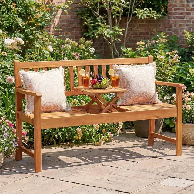 Alt view image 2 of 7 - Outdoor Bench, 2-Person Garden Bench, Patio Wood Bench Outdoor Loveseat with Pull-Out Center Table for Backyard, Balcony and Patio and Garden (Log Color)