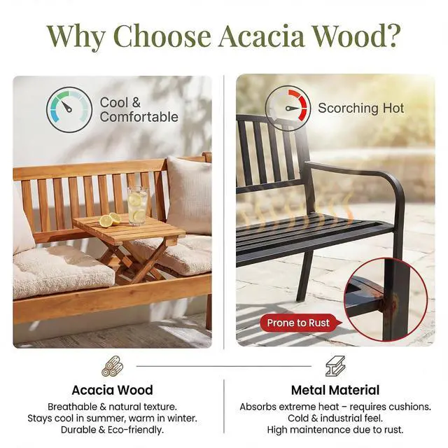 Alt view image 4 of 7 - Outdoor Bench, 2-Person Garden Bench, Patio Wood Bench Outdoor Loveseat with Pull-Out Center Table for Backyard, Balcony and Patio and Garden (Log Color)