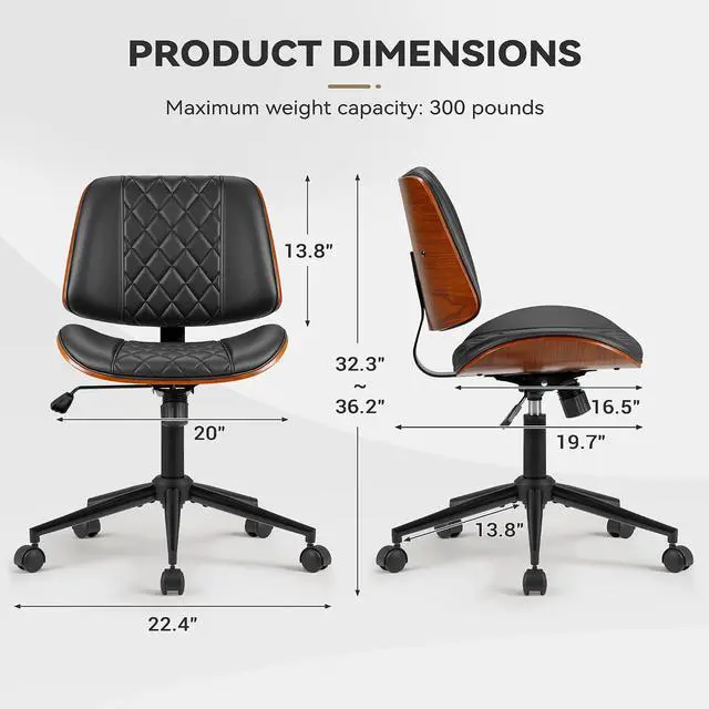 Alt view image 7 of 7 - Armless Office Desk Chair with Wheels, Modern Small Leather Walnut Desk Chair Adjustable Height 360° Swivel No Arms for Home Office, Conference Room, Study (Black)