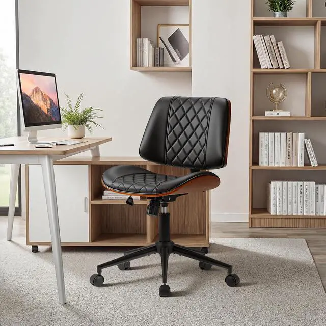 Alt view image 6 of 7 - Armless Office Desk Chair with Wheels, Modern Small Leather Walnut Desk Chair Adjustable Height 360° Swivel No Arms for Home Office, Conference Room, Study (Black)