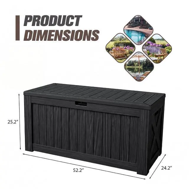 Alt view image 5 of 7 - 120 Gallon Resin Deck Box, Large Outdoor Storage Box Waterproof & Lockable for Garden, Patio, Pools (Black)