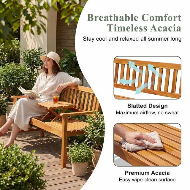 Alt view image 6 of 7 - Outdoor Bench, 2-Person Garden Bench, Patio Wood Bench Outdoor Loveseat with Pull-Out Center Table for Backyard, Balcony and Patio and Garden (Log Color)