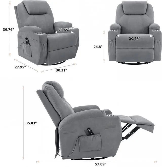 Alt view image 2 of 6 - Rocking Chair Recliner Chair with Massage Swivel Ergonomic Lounge Chair Classic Single Sofa with 2 Cup Holders Side Pockets Living Room Chair Home Theater Seat (Gray)