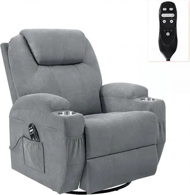 Alt view image 3 of 6 - Rocking Chair Recliner Chair with Massage Swivel Ergonomic Lounge Chair Classic Single Sofa with 2 Cup Holders Side Pockets Living Room Chair Home Theater Seat (Gray)