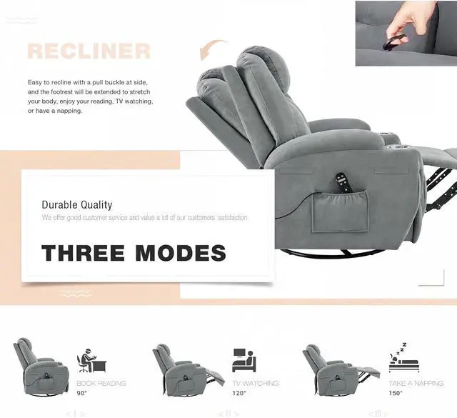 Alt view image 4 of 6 - Rocking Chair Recliner Chair with Massage Swivel Ergonomic Lounge Chair Classic Single Sofa with 2 Cup Holders Side Pockets Living Room Chair Home Theater Seat (Gray)