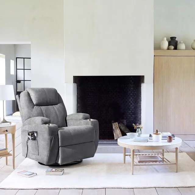 Alt view image 5 of 6 - Rocking Chair Recliner Chair with Massage Swivel Ergonomic Lounge Chair Classic Single Sofa with 2 Cup Holders Side Pockets Living Room Chair Home Theater Seat (Gray)