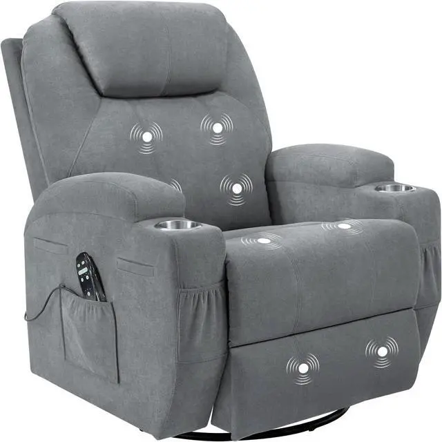 Alt view image 6 of 6 - Rocking Chair Recliner Chair with Massage Swivel Ergonomic Lounge Chair Classic Single Sofa with 2 Cup Holders Side Pockets Living Room Chair Home Theater Seat (Gray)