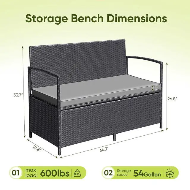 Alt view image 3 of 7 - Patio Loveseat Wicker Outdoor Furniture, All Weather Rattan Conversation Bench Chair with Large Storage Capacity and Cushions for Backyard, Outside Patio Porch (Black)