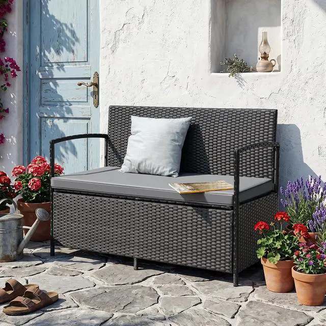 Alt view image 2 of 7 - Patio Loveseat Wicker Outdoor Furniture, All Weather Rattan Conversation Bench Chair with Large Storage Capacity and Cushions for Backyard, Outside Patio Porch (Black)