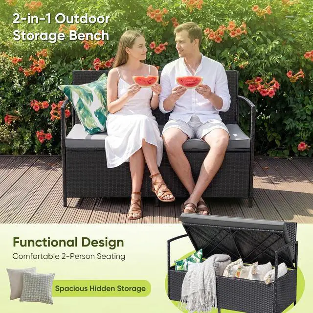 Alt view image 4 of 7 - Patio Loveseat Wicker Outdoor Furniture, All Weather Rattan Conversation Bench Chair with Large Storage Capacity and Cushions for Backyard, Outside Patio Porch (Black)