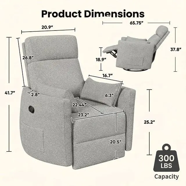 Alt view image 2 of 7 - 360° Swivel Recliner Chair, Comfy Loop Yarn Fabric Nursery Rocking Chair with Vibration Massage, Manual Glider Nursing Chair with Side Pockets and 2 Pillows for Living Room Nursery (Grey)