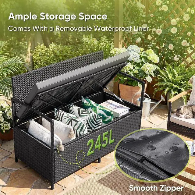 Alt view image 5 of 7 - Patio Loveseat Wicker Outdoor Furniture, All Weather Rattan Conversation Bench Chair with Large Storage Capacity and Cushions for Backyard, Outside Patio Porch (Black)