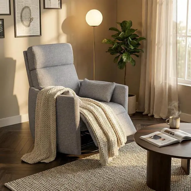Main image of 360° Swivel Recliner Chair, Comfy Loop Yarn Fabric Nursery Rocking Chair with Vibration Massage, Manual Glider Nursing Chair with Side Pockets and 2 Pillows for Living Room Nursery (Grey)