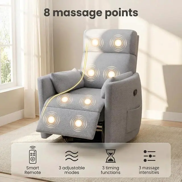 Alt view image 4 of 7 - 360° Swivel Recliner Chair, Comfy Loop Yarn Fabric Nursery Rocking Chair with Vibration Massage, Manual Glider Nursing Chair with Side Pockets and 2 Pillows for Living Room Nursery (Grey)