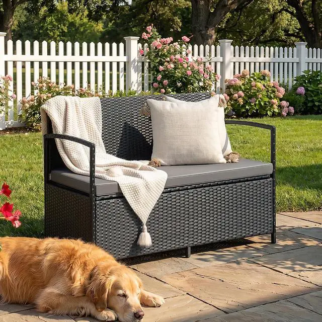 Alt view image 7 of 7 - Patio Loveseat Wicker Outdoor Furniture, All Weather Rattan Conversation Bench Chair with Large Storage Capacity and Cushions for Backyard, Outside Patio Porch (Black)