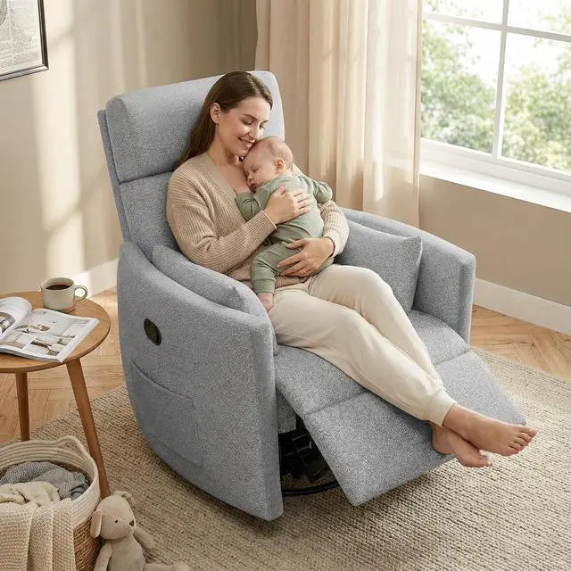 Alt view image 3 of 7 - 360° Swivel Recliner Chair, Comfy Loop Yarn Fabric Nursery Rocking Chair with Vibration Massage, Manual Glider Nursing Chair with Side Pockets and 2 Pillows for Living Room Nursery (Grey)