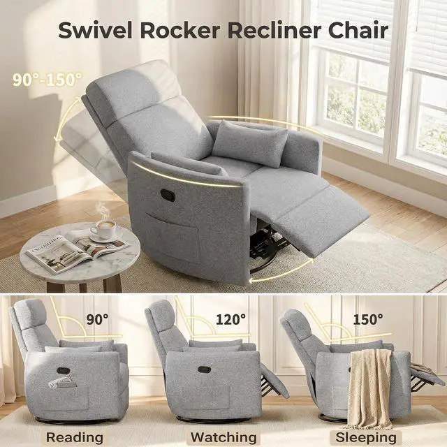 Alt view image 5 of 7 - 360° Swivel Recliner Chair, Comfy Loop Yarn Fabric Nursery Rocking Chair with Vibration Massage, Manual Glider Nursing Chair with Side Pockets and 2 Pillows for Living Room Nursery (Grey)