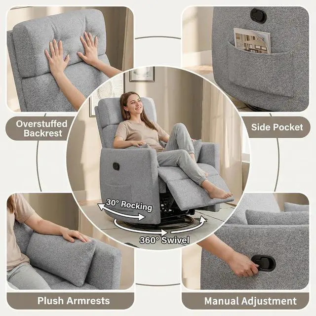 Alt view image 6 of 7 - 360° Swivel Recliner Chair, Comfy Loop Yarn Fabric Nursery Rocking Chair with Vibration Massage, Manual Glider Nursing Chair with Side Pockets and 2 Pillows for Living Room Nursery (Grey)
