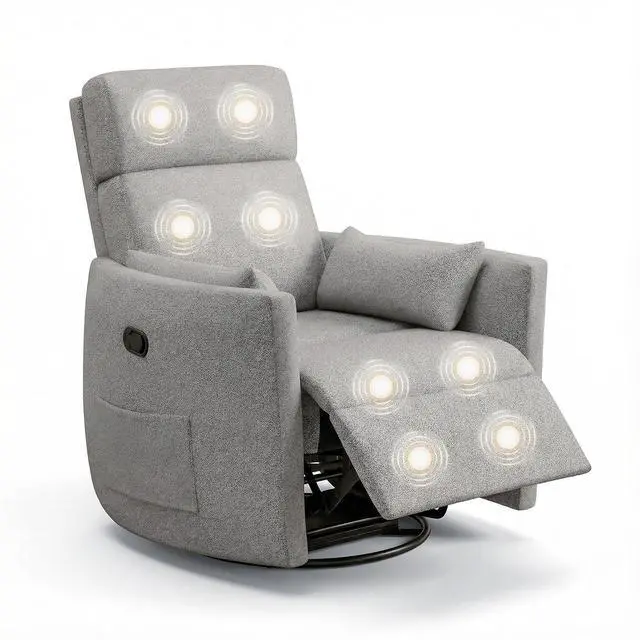 Alt view image 7 of 7 - 360° Swivel Recliner Chair, Comfy Loop Yarn Fabric Nursery Rocking Chair with Vibration Massage, Manual Glider Nursing Chair with Side Pockets and 2 Pillows for Living Room Nursery (Grey)