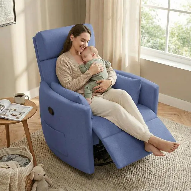 Alt view image 2 of 7 - 360° Swivel Recliner Chair, Comfy Loop Yarn Fabric Nursery Rocking Chair with Vibration Massage, Manual Glider Nursing Chair with Side Pockets and 2 Pillows for Living Room Nursery (Blue)