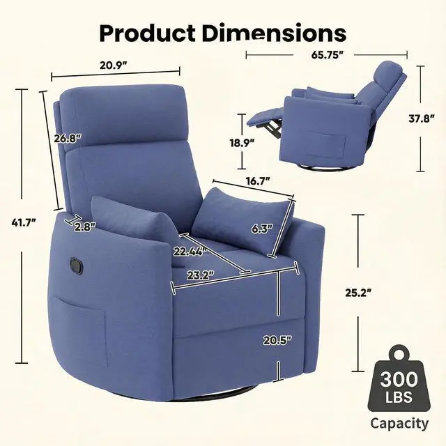Alt view image 3 of 7 - 360° Swivel Recliner Chair, Comfy Loop Yarn Fabric Nursery Rocking Chair with Vibration Massage, Manual Glider Nursing Chair with Side Pockets and 2 Pillows for Living Room Nursery (Blue)